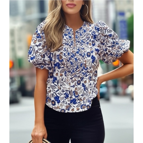 Shoshanna Odelia Floral Blouse Short Puff Sleeve Designer Womens Sz XS MSRP $320 - Picture 1 of 14